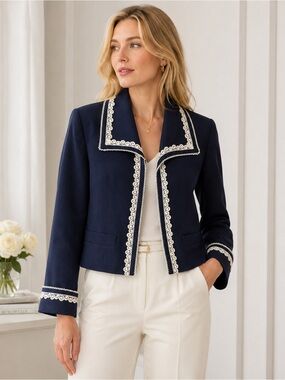 Vintage 1980s Ports International Navy Lace Trim Cropped Jacket Size 2